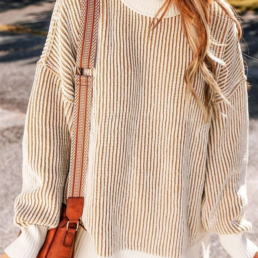Casual Women's Striped Colorblock Loose Fit Round Neck Pullover Sweater top
